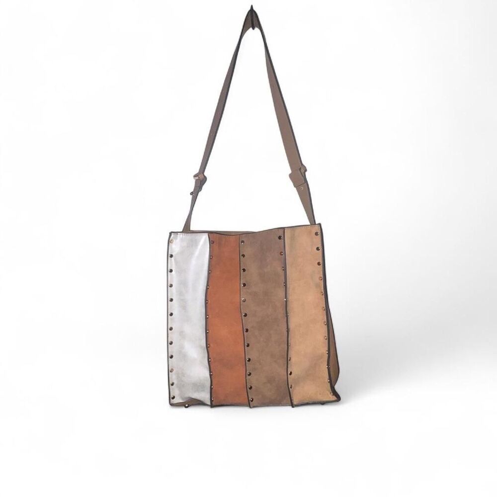 Cato Colorblock Stripped Studded Faux Leather Shoulder Tote Bag Brown